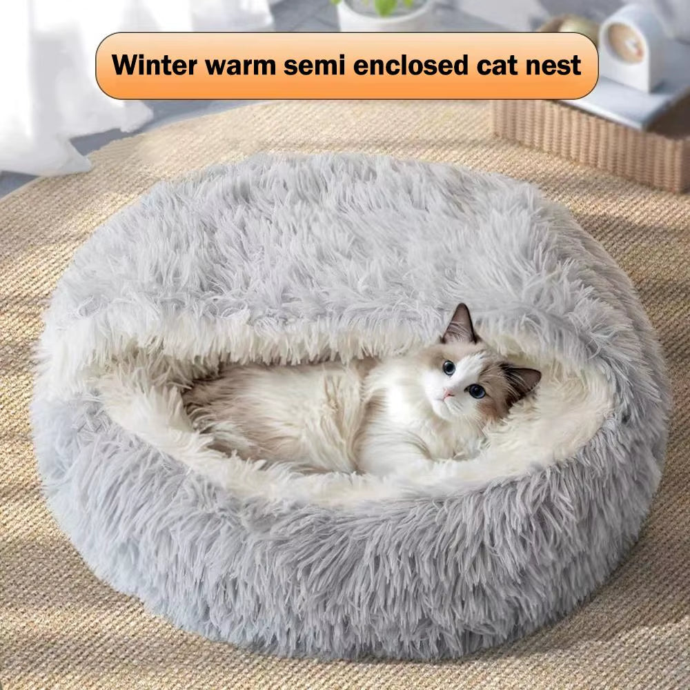 Cozy Winter Plush Cat Bed - Round Cushion for Cats and Small Dogs - Warm and Secure Nesting Space