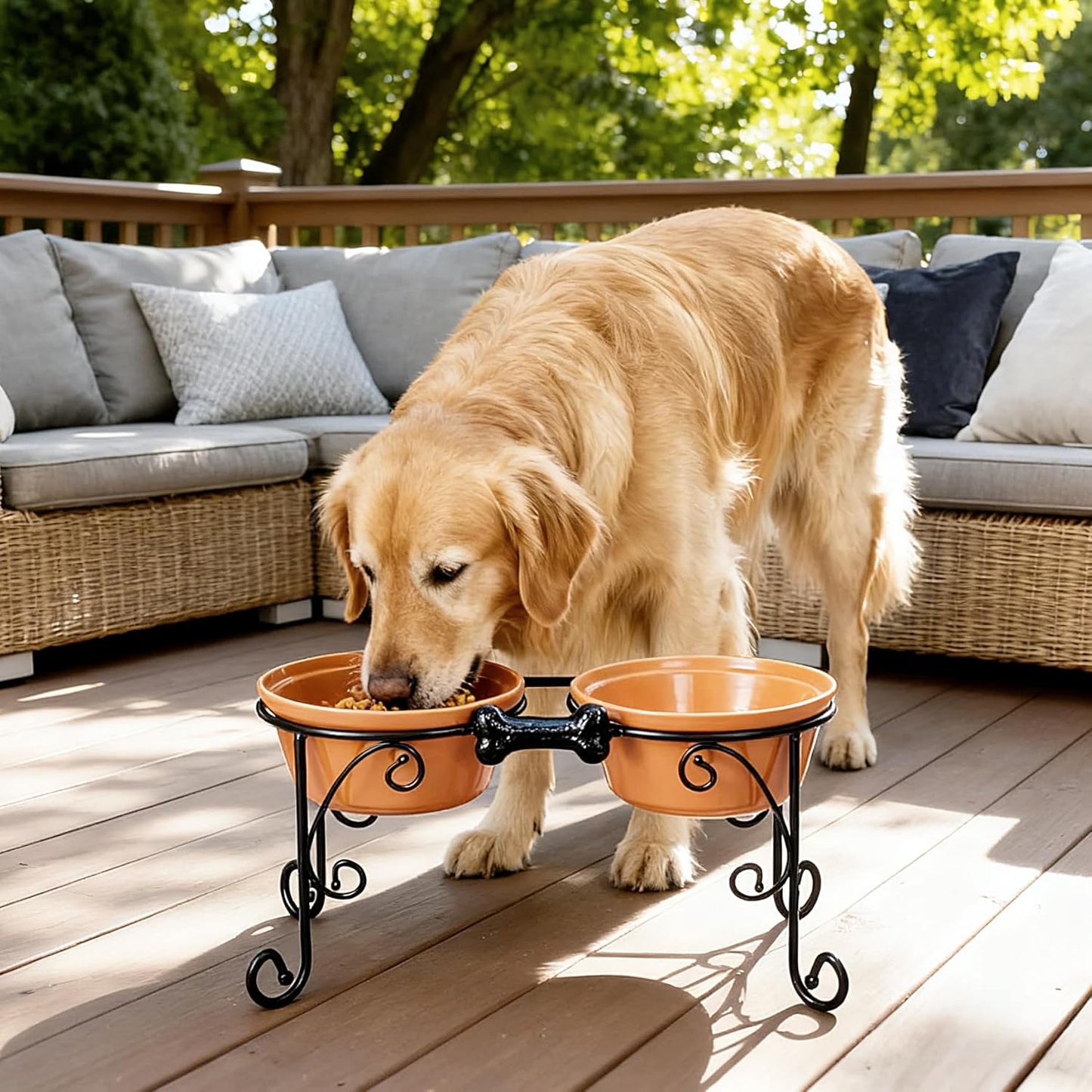 Elevated Dog Bowl Stand with 3 Large Ceramic Bowls – Raised Feeding Station for Medium & Large Dogs, Includes 2 Standard Bowls + 1 Slow Feeder, Durable Iron Frame, Non-Slip (Almond)