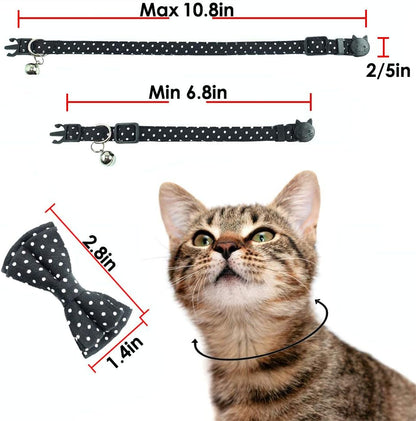 Cat Collar with Bell and Bow Tie, Breakaway Clasp Cute Dots Kitty Kitten Collar(6.8-10.8In)（Black Dots）