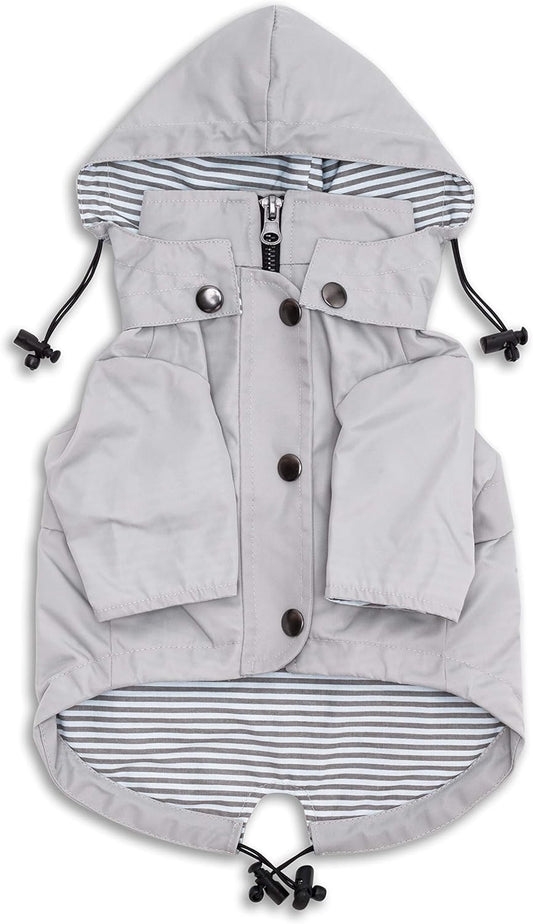Zip up Dog Raincoats with Reflective Buttons, Pockets, Rain/Water Resistant, Adjustable Drawstring, & Removable Hood - XXS to XXL - Stylish Premium Dog Raincoats (Light Grey, Medium)