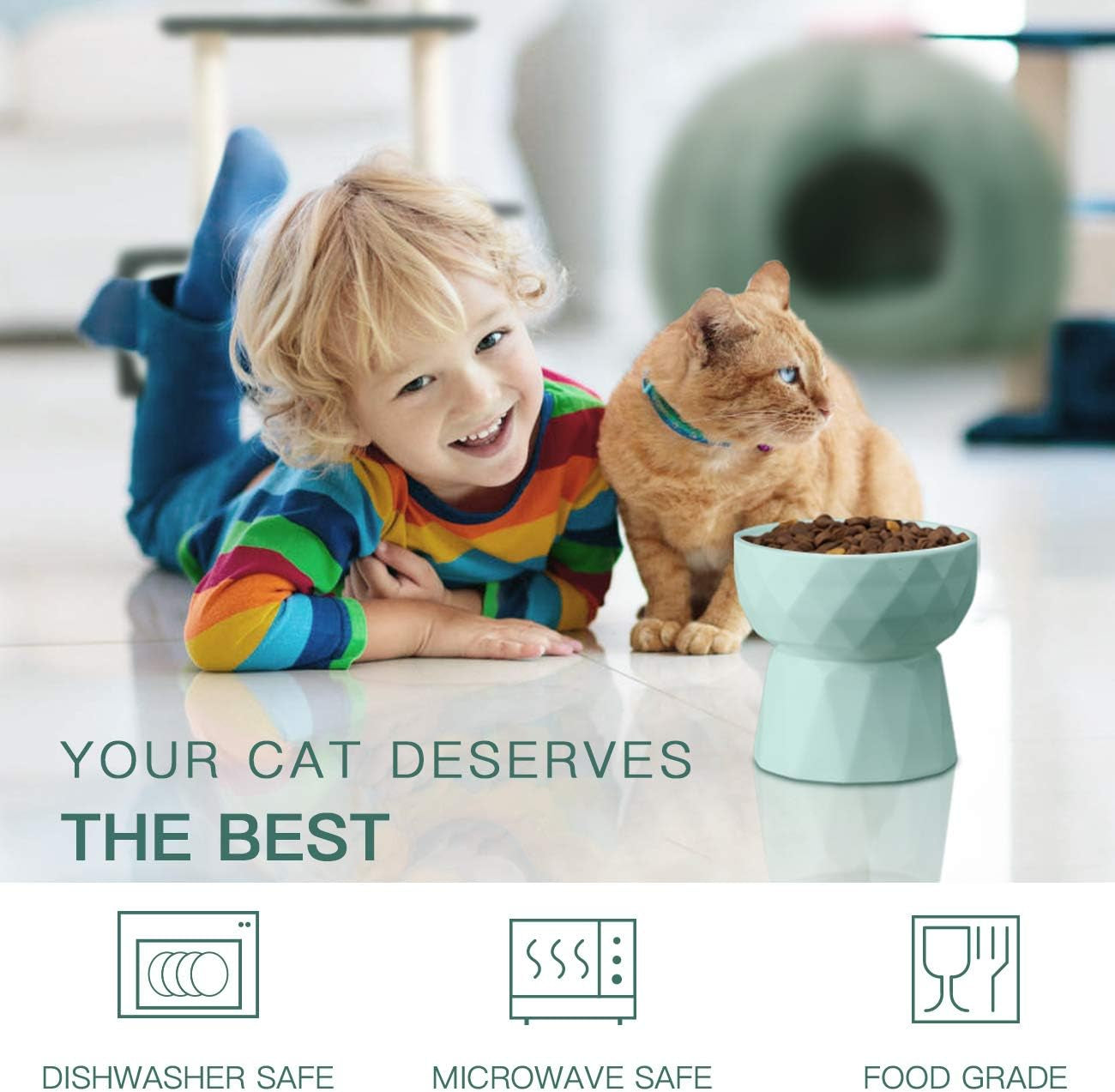 Cat Bowls,Ceramic Cat Bowls anti Vomiting,Raised Food and Water Bowl Set for Cats and Small Dogs,13.5 Oz,Green