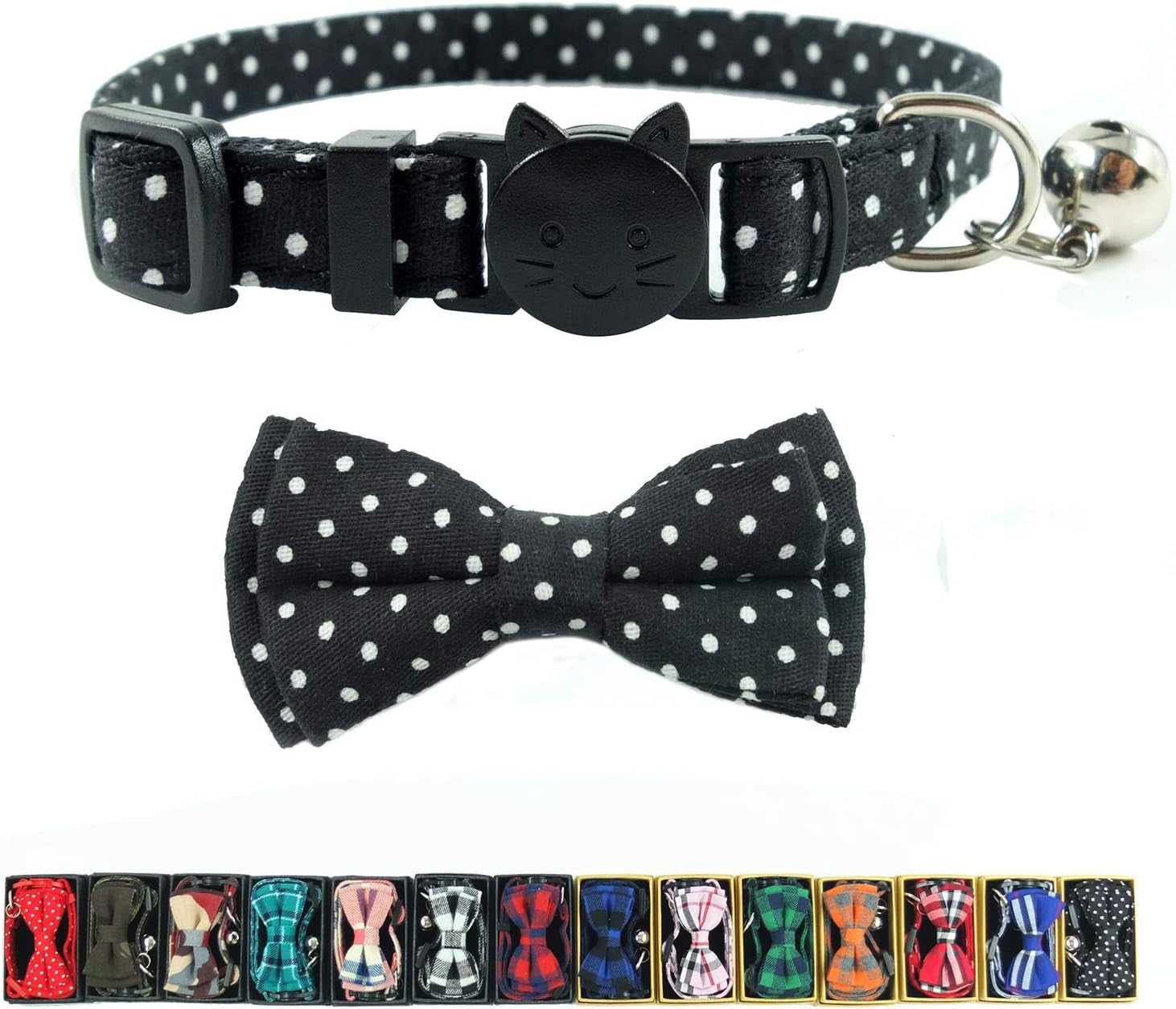 Cat Collar with Bell and Bow Tie, Breakaway Clasp Cute Dots Kitty Kitten Collar(6.8-10.8In)（Black Dots）