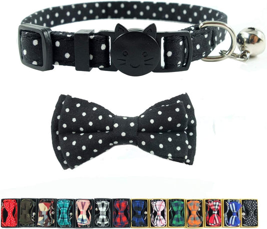 Cat Collar with Bell and Bow Tie, Breakaway Clasp Cute Dots Kitty Kitten Collar(6.8-10.8In)（Black Dots）