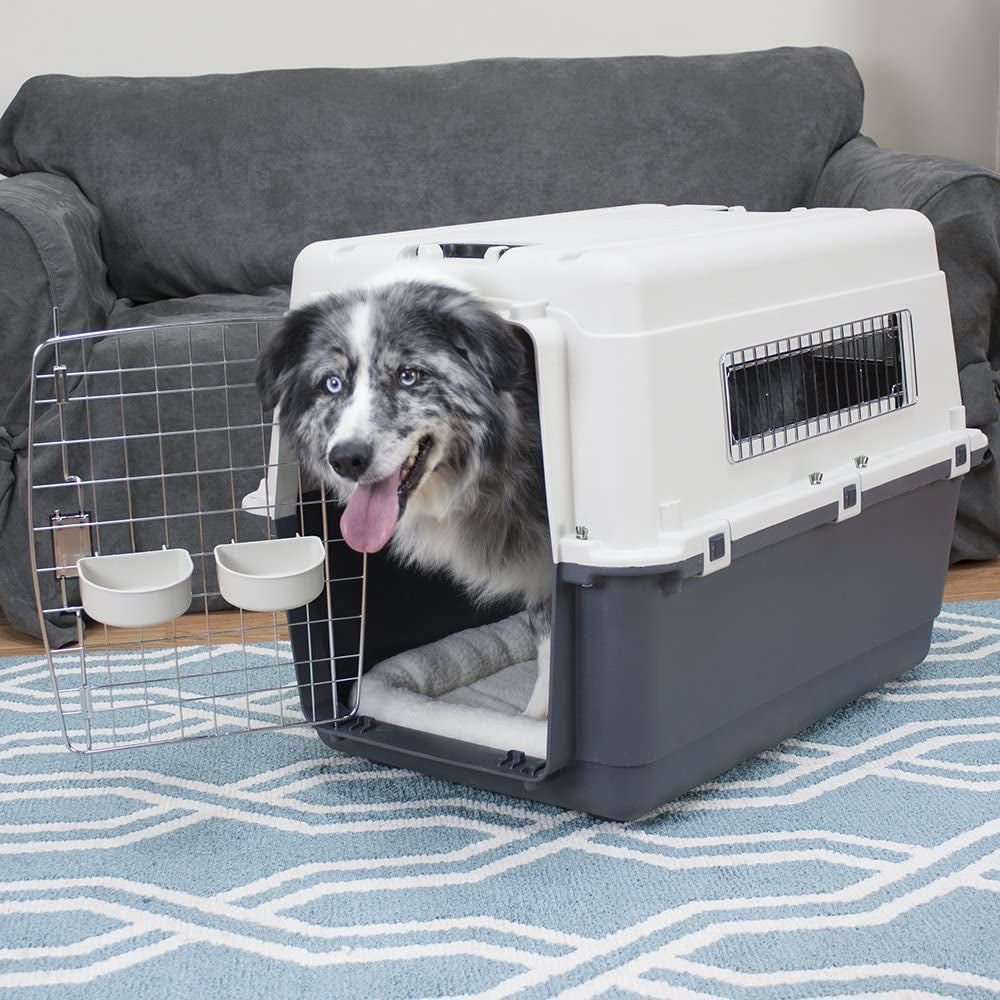 Sportpet Airline Compliant LARGE 28.75" Travel Dog Kennel-Durable Plastic Airline Pet Carrier W/ Removable Wheels & Food Bowls, Collapsible Indoor/Outdoor Dog Kennel, Dogs up to 28"L & 20"H-Cream/Gray
